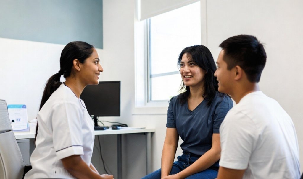 Smiling doctor speaking with patients at All Care Medical and Dental Centre