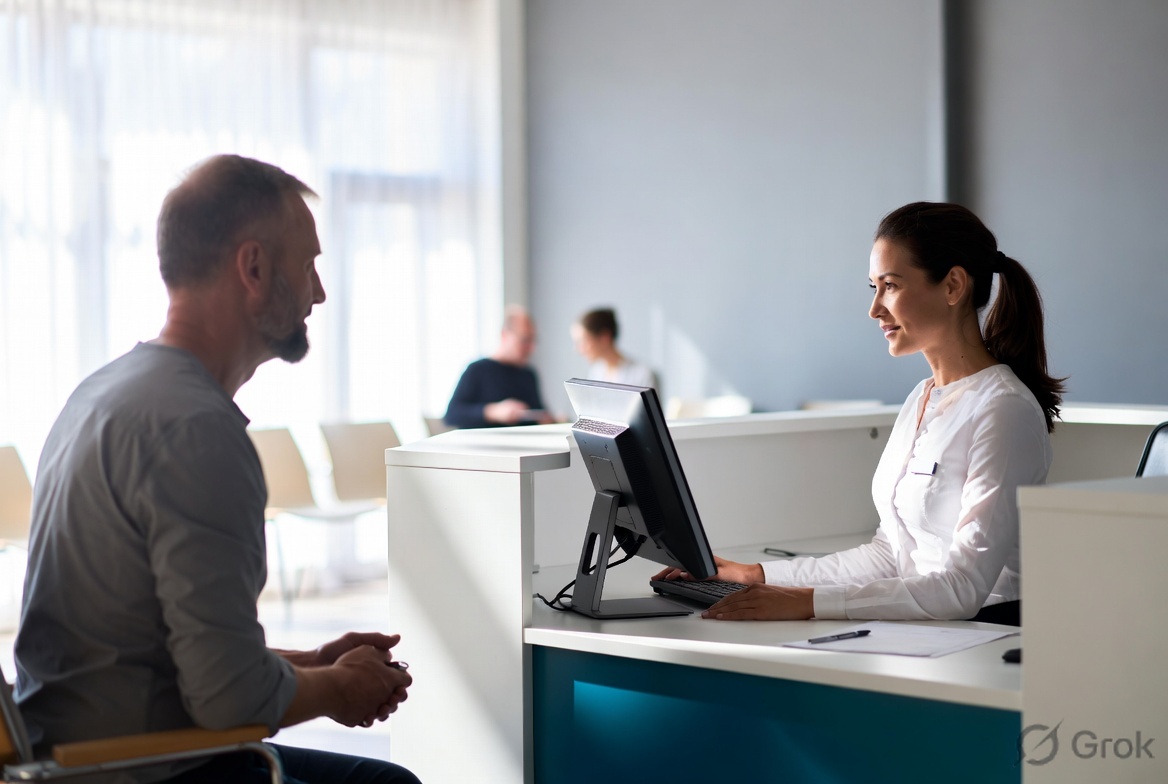 Reception discussing fees and billing with a patient