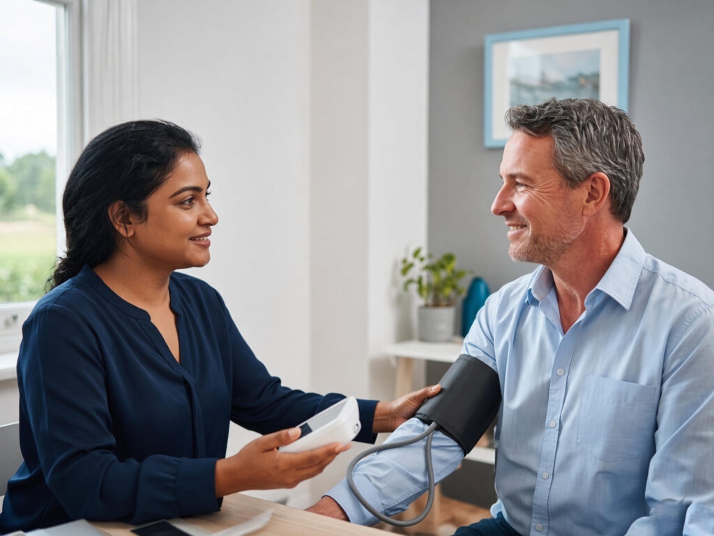 A GP checking a patient blood pressure during a routine health check at All Care Medical and Dental Centre in Kilmore