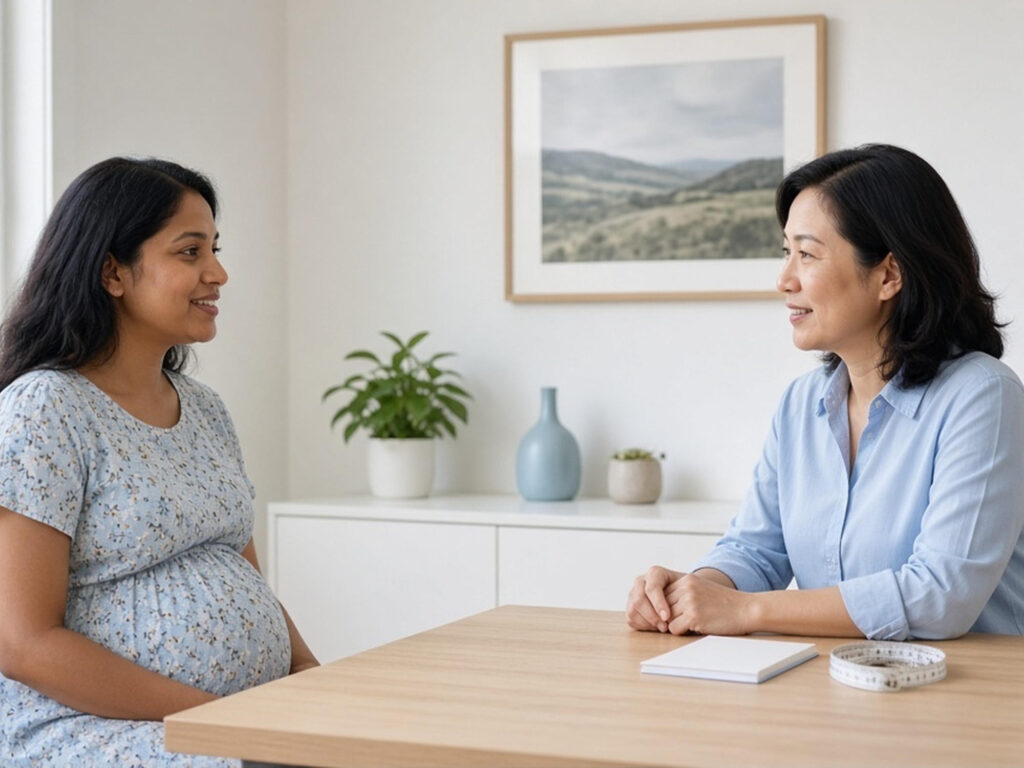 A pregnant patient talking with her GP during an antenatal appointment in Kilmore