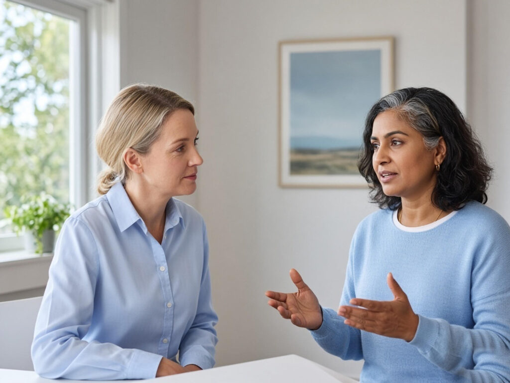 A patient discussing menopause symptoms and treatment options with her GP in Kilmore