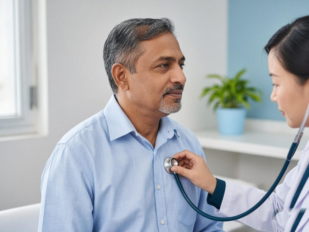 A GP listening to a patient heart with a stethoscope during a heart health check in Kilmore