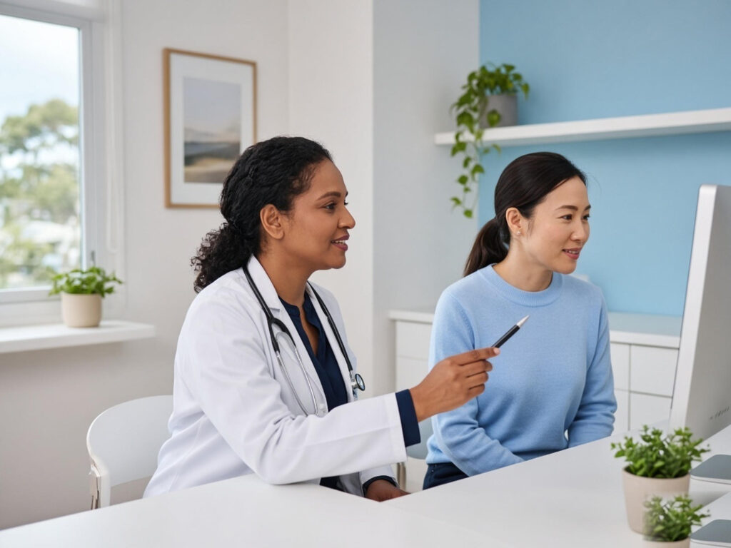 A GP explaining blood test results to a patient at All Care Medical and Dental Centre in Kilmore