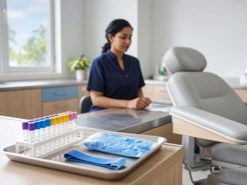 A clean pathology collection station with empty specimen tubes and a collection chair at a Kilmore clinic