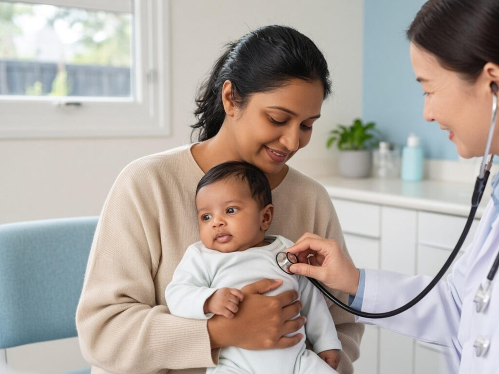 A GP examining a baby held securely by a parent during a six-week newborn check in Kilmore