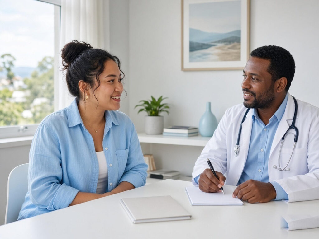 A GP making notes while planning vaccinations with a patient before overseas travel, in Kilmore